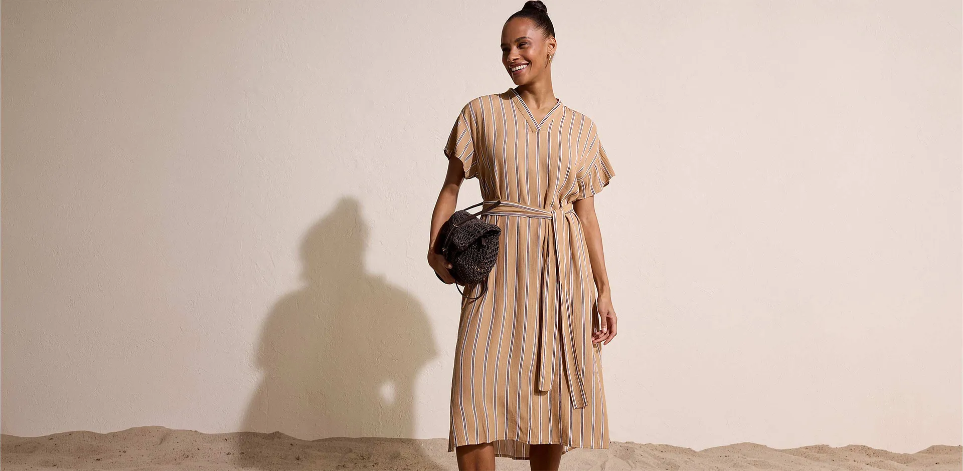 Im Trend - Kaftan-Kleid aus softer Viskose - mattcamel/braun/wollwei&szlig; gestreift