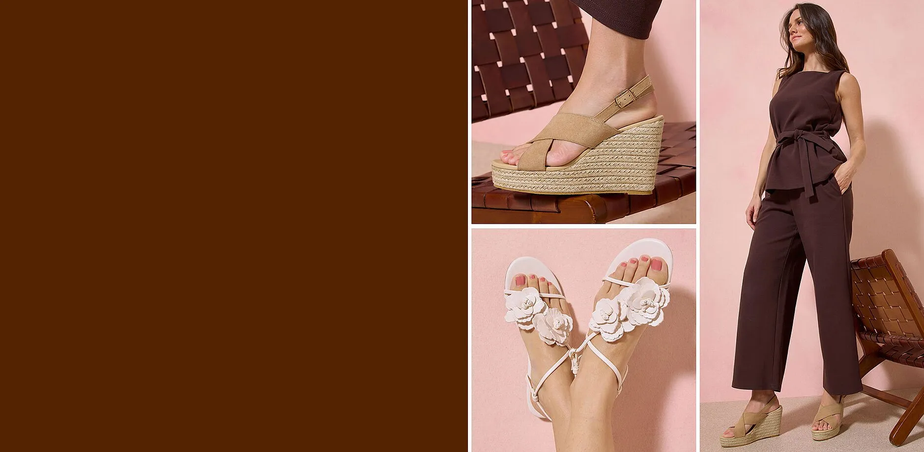 Tenue en couleur marron avec sandales &agrave; talon compens&eacute; assorties.