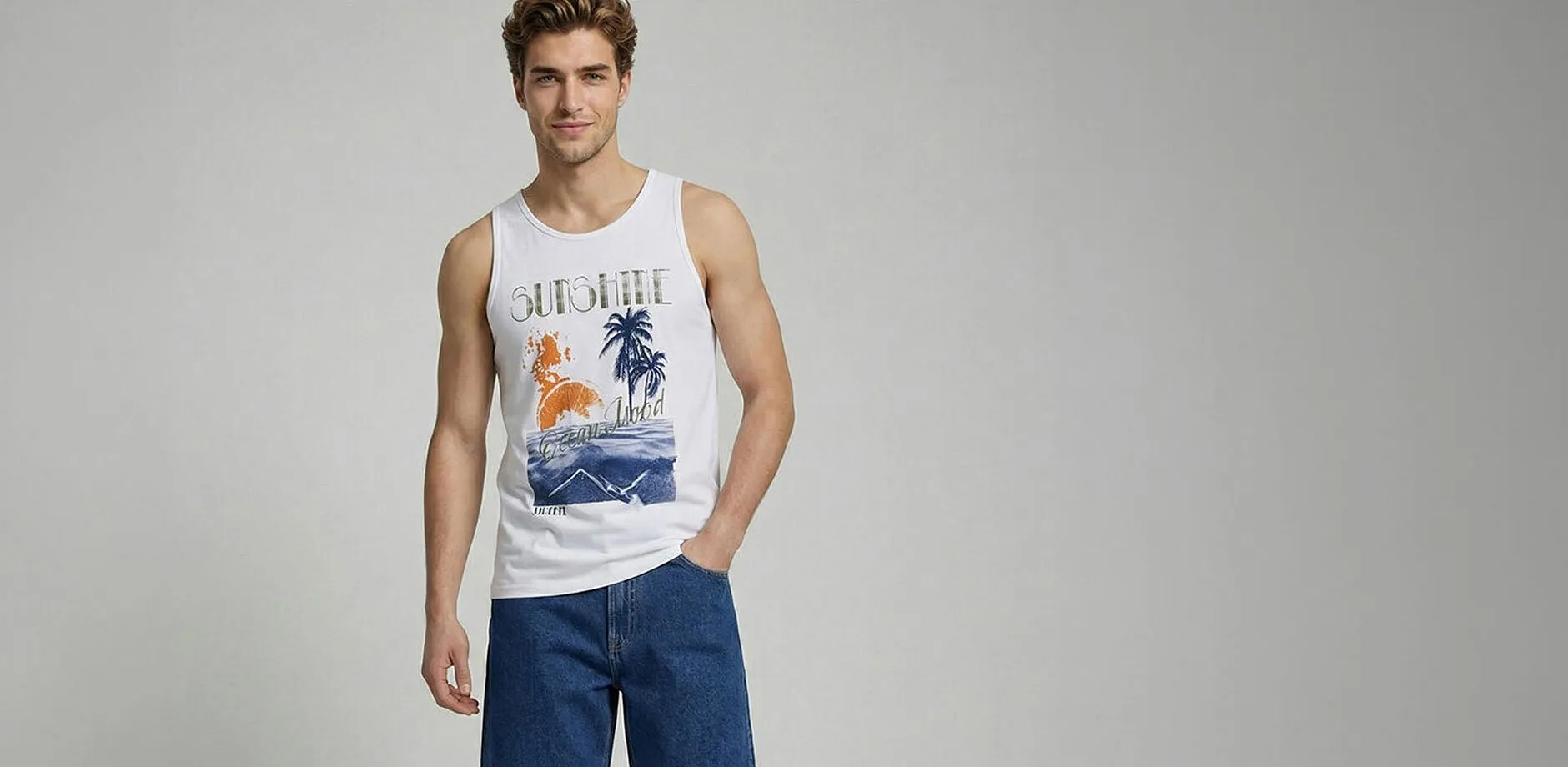 Sommerliches Tanktop mit tropischem Motiv und bequeme Denim-Shorts.