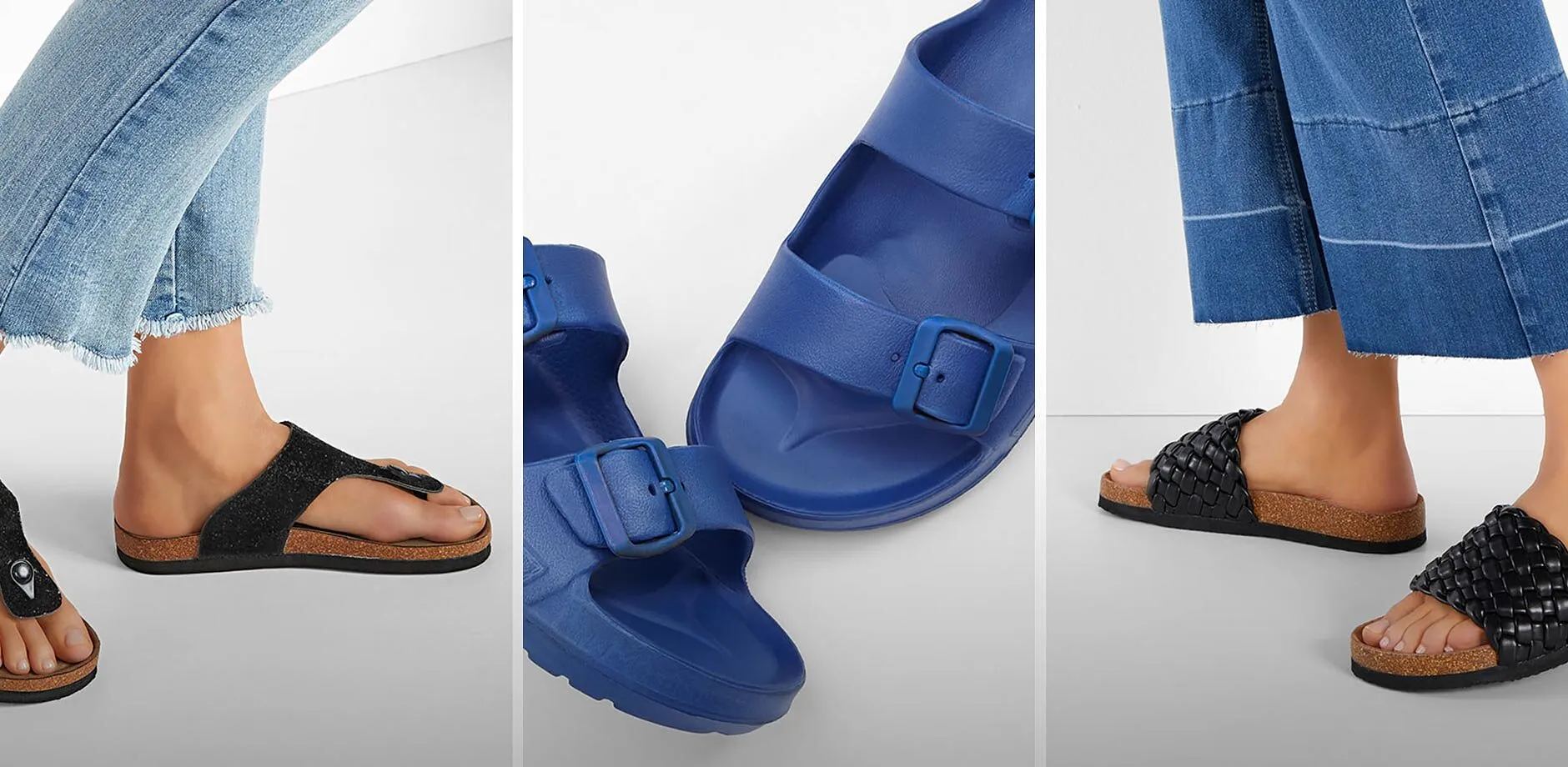 Mules entredoigt noires, sandales bleues &agrave; brides et mules tress&eacute;es.