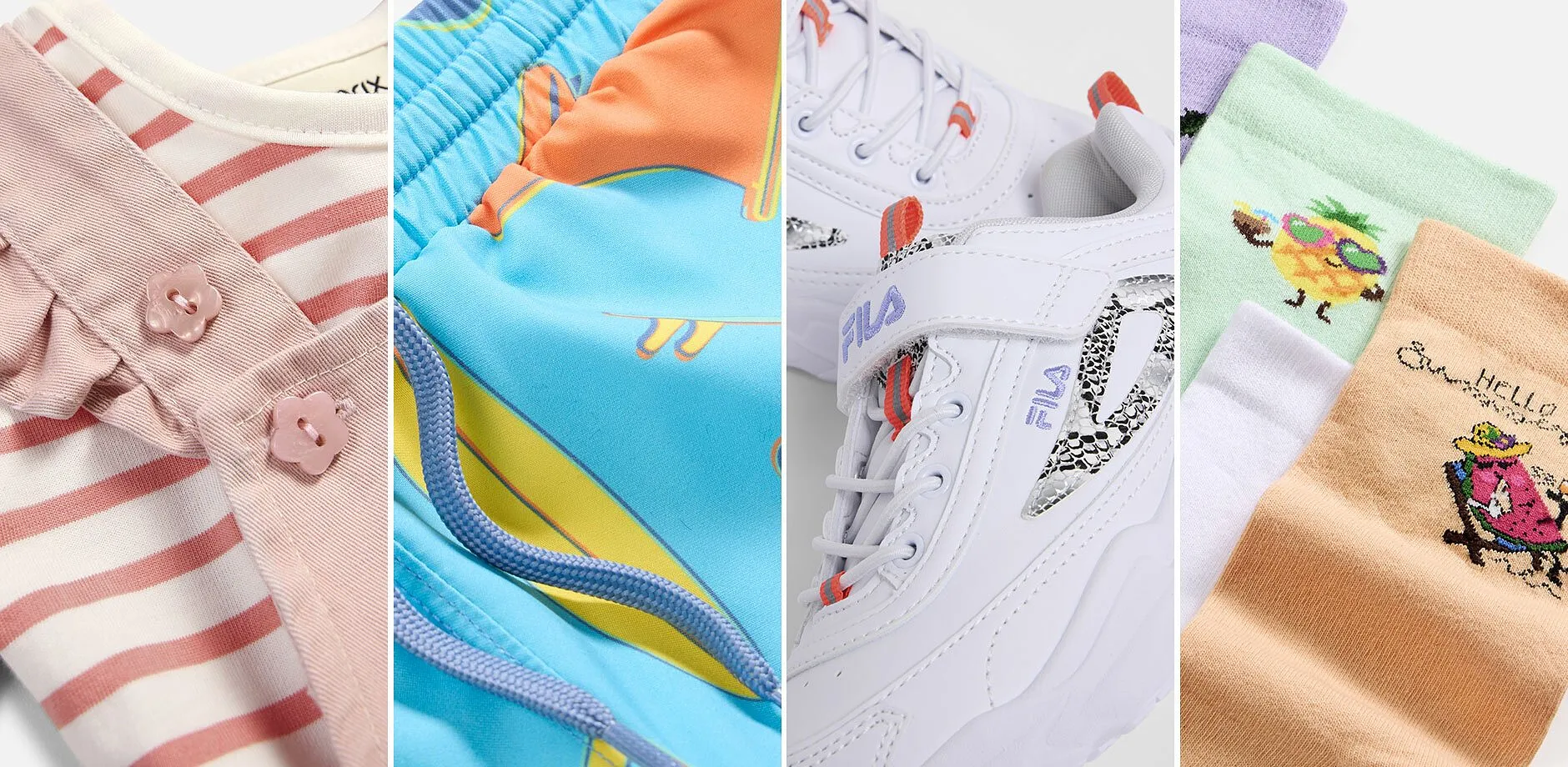 V&ecirc;tements et accessoires pour enfants : body, maillot de bain, tennis et chaussettes.