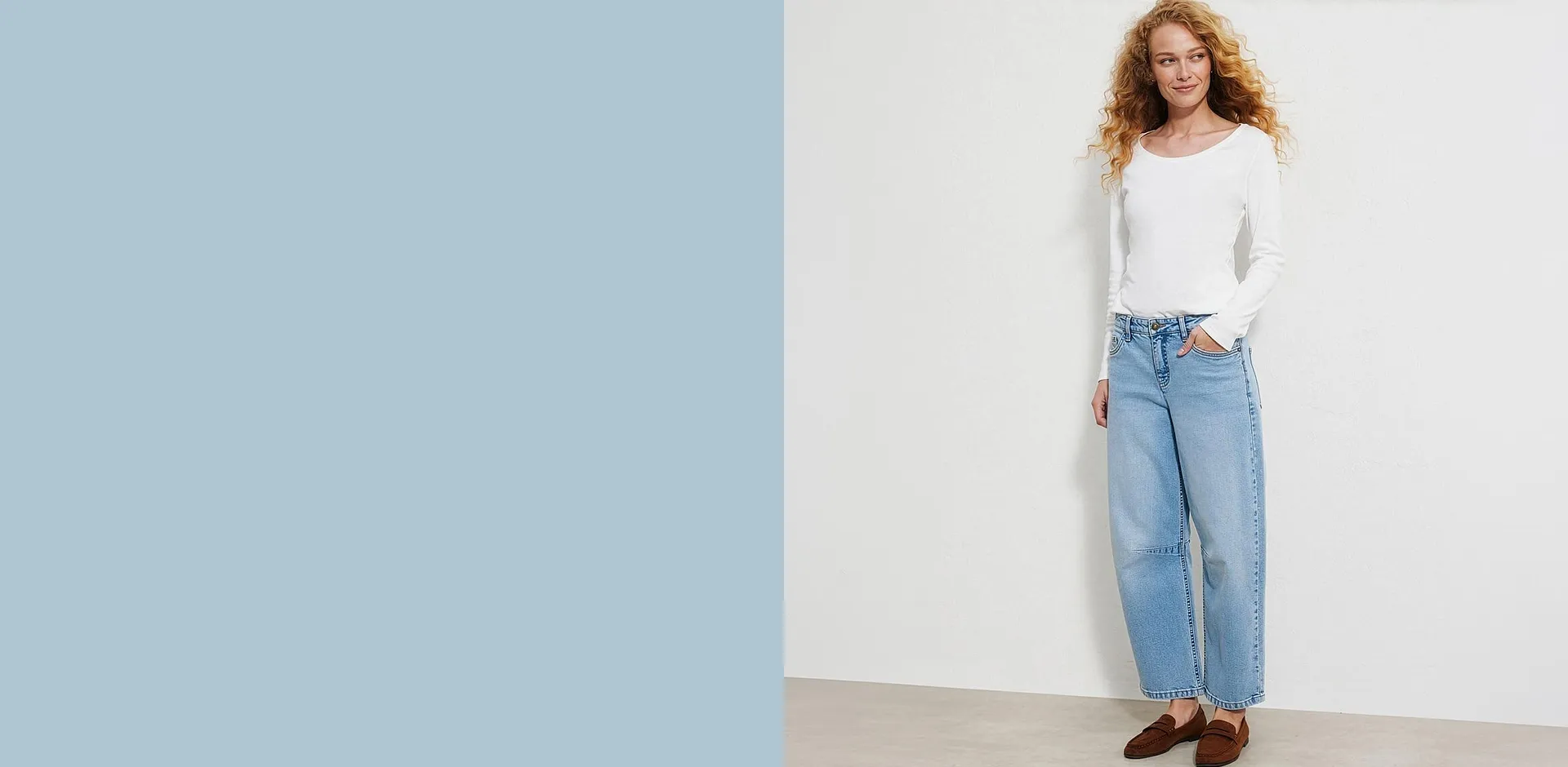 Femme - Jean droit, taille mi-haute, cropped - bleu clair denim used
