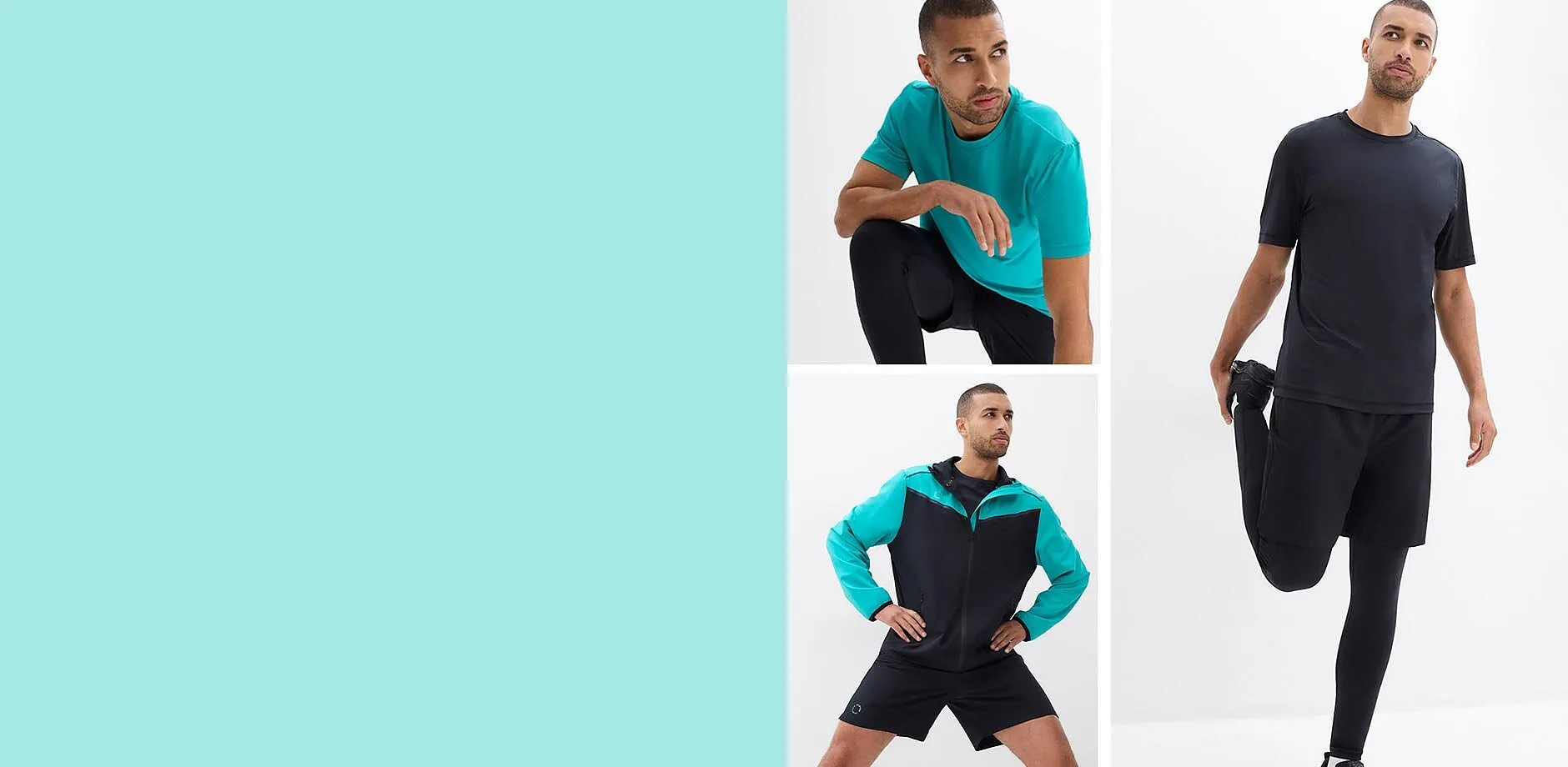 T-shirts, short et veste de coloris turquoise et noir.