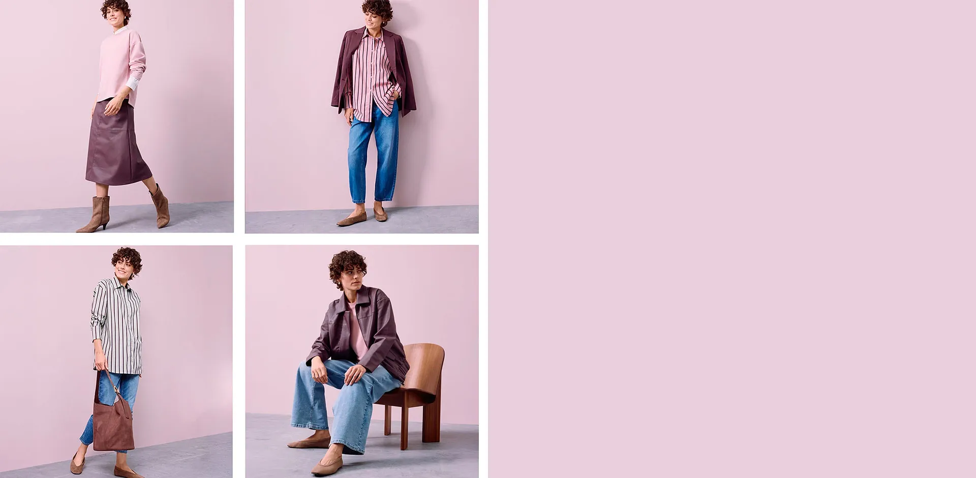 Tenues modernes avec des jeans, des chemises ray&eacute;es, des jupes en cuir et des tons chauds.