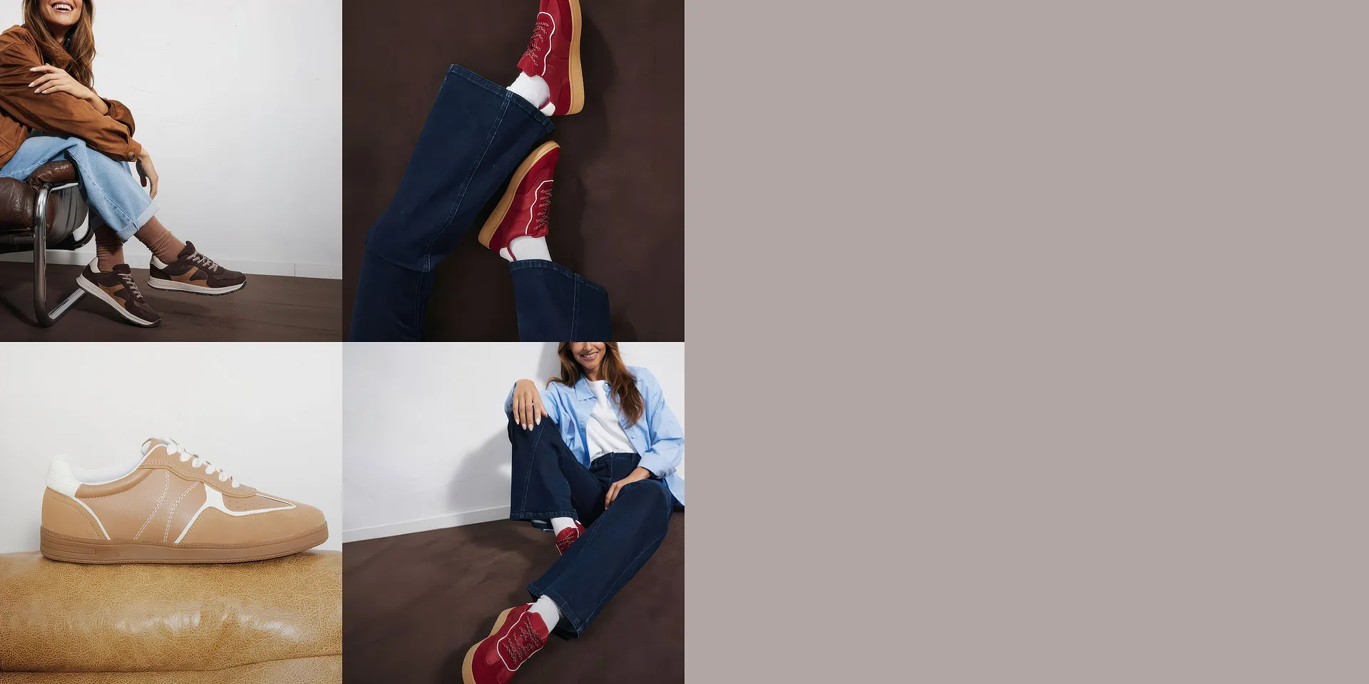 Sneakers styl&eacute;es en marron, rouge et beige associ&eacute;es &agrave; un jean et un haut d&eacute;contract&eacute;.
