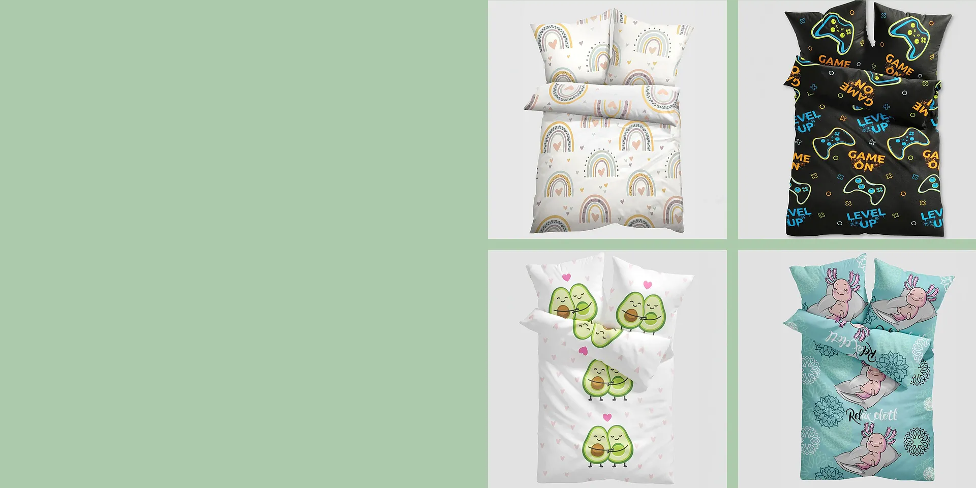 Parure de lit pour enfant avec divers motifs.