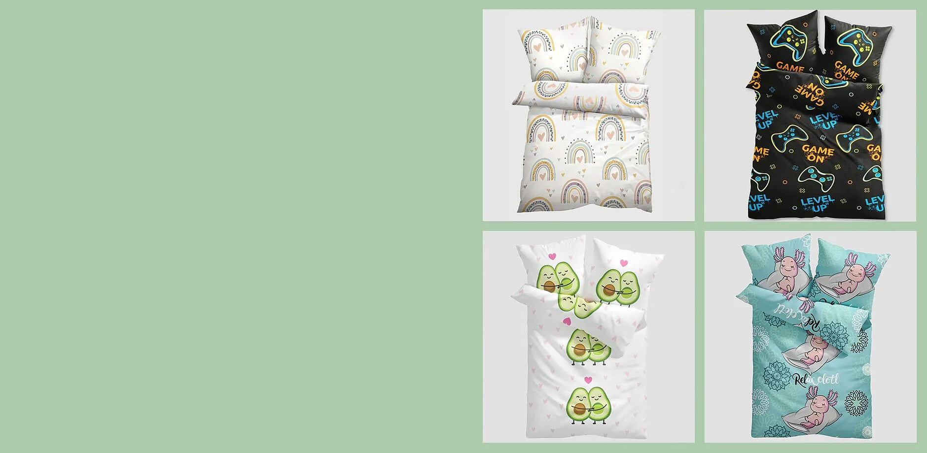 Parure de lit pour enfant avec divers motifs.
