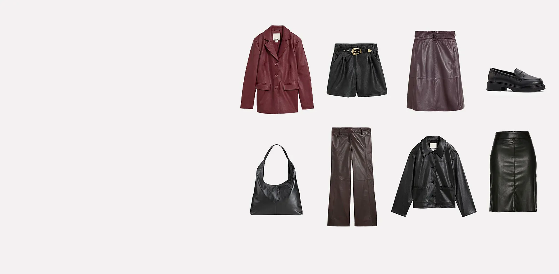 Lederjacken, Hosen, Shorts und ein Rock in Braun, Schwarz, Dunkelrot mit Loafern und Tasche.