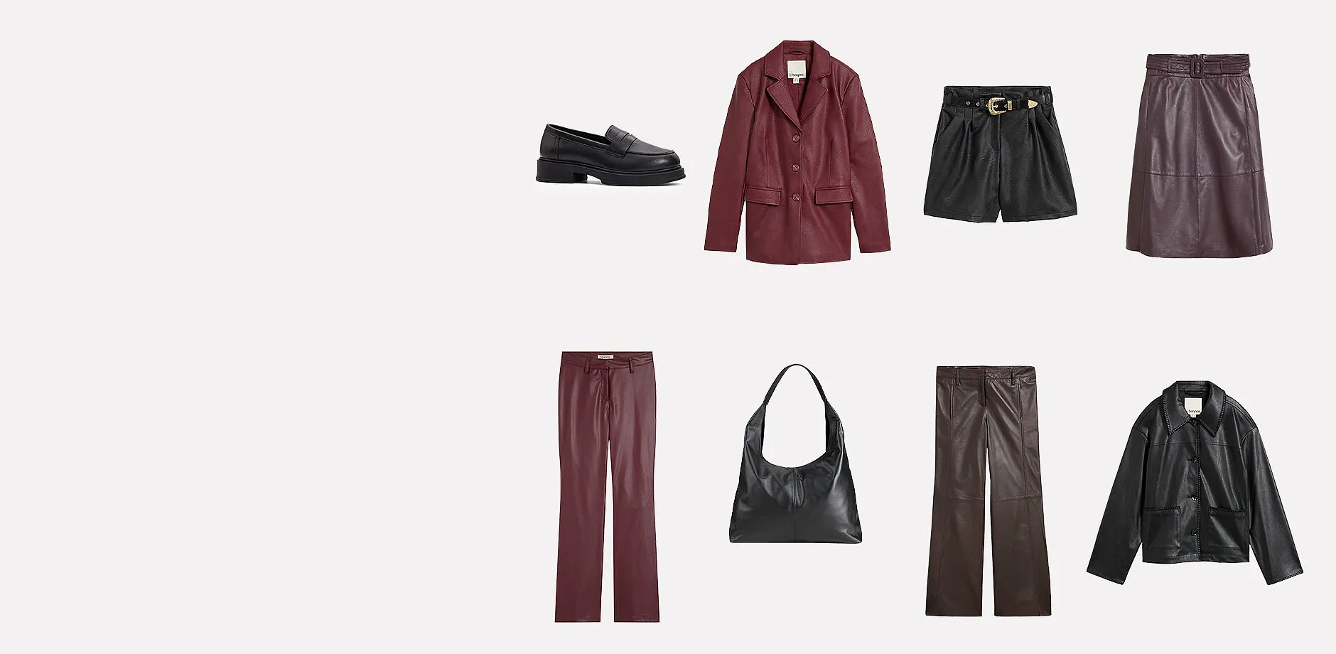 Lederjacken, Hosen, Shorts und ein Rock in Braun, Schwarz, Dunkelrot mit Loafern und Tasche.