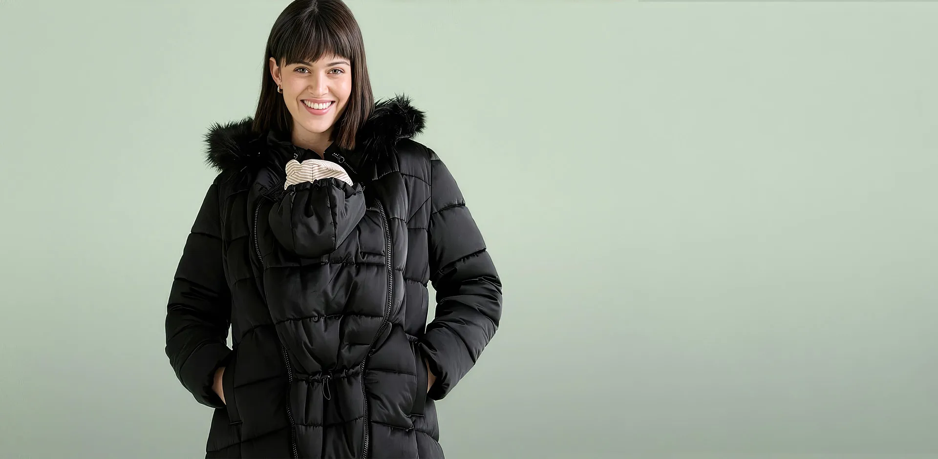 Femme - Doudoune de grossesse 3en1 avec empi&egrave;cement de portage et col peluche amovible - noir