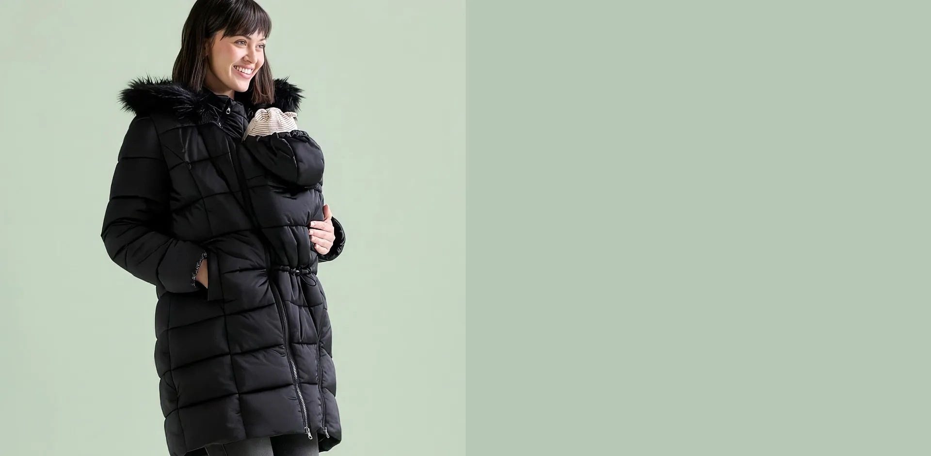 Femme - Doudoune de grossesse 3en1 avec empi&egrave;cement de portage et col peluche amovible - noir