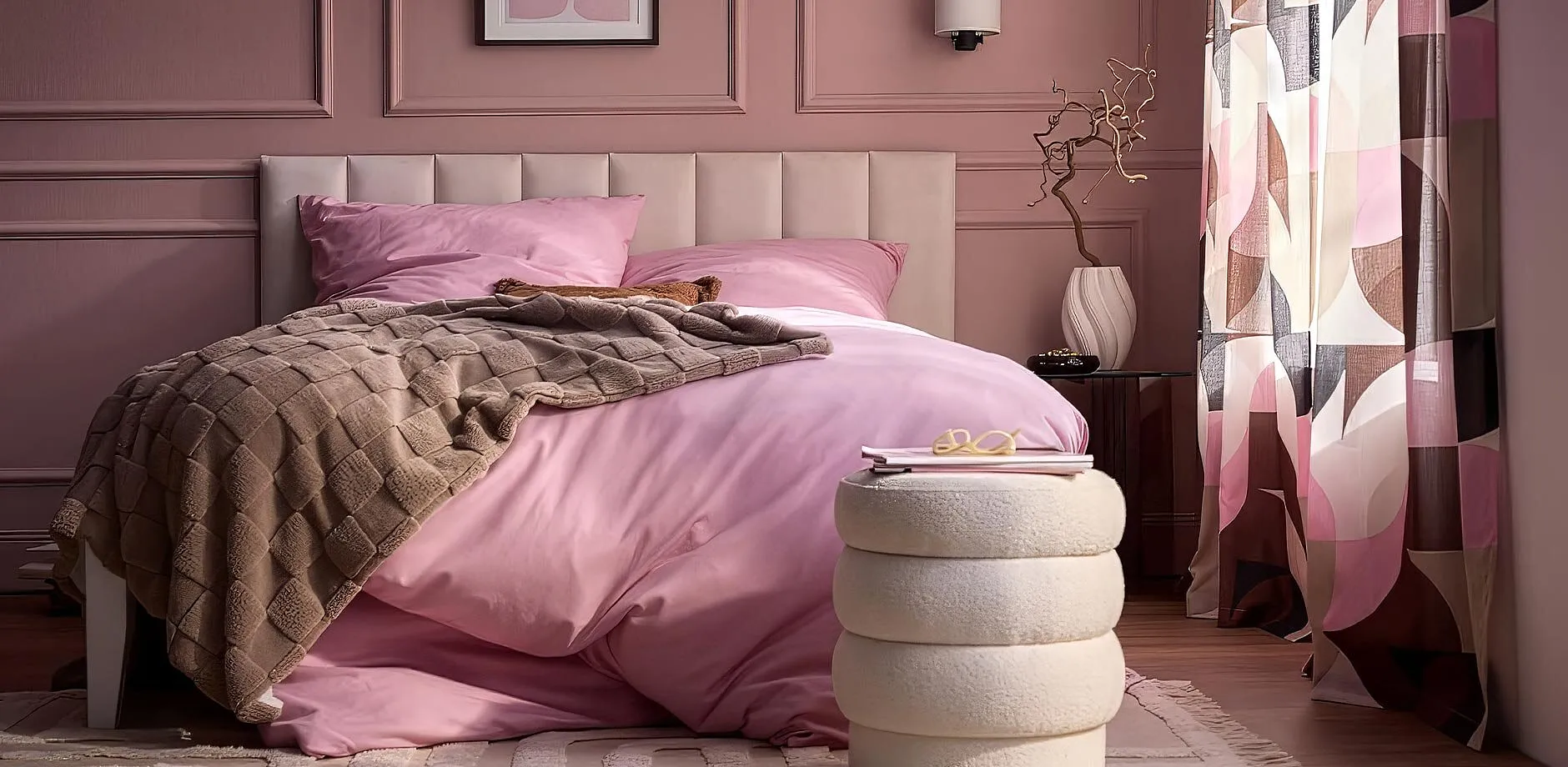 Une parure de lit rose, une couverture douillette et des rideaux color&eacute;s apportent une touche d&eacute;co cosy dans la chambre &agrave; coucher.