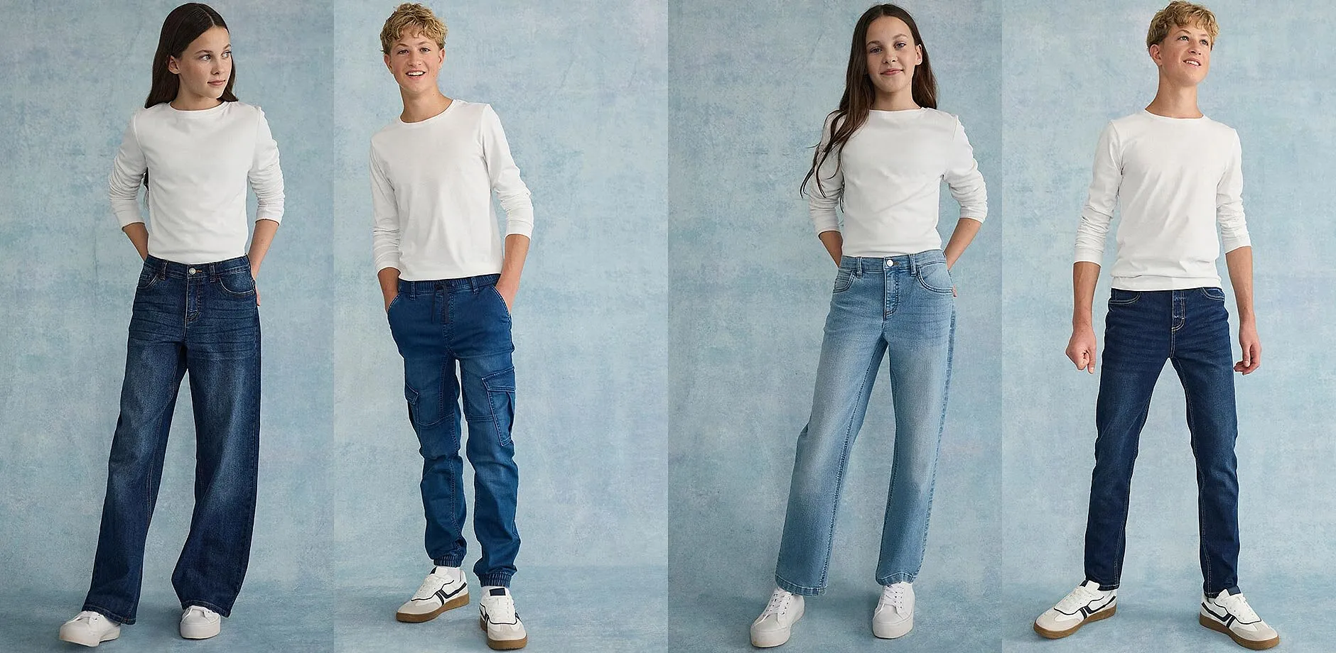 Looks d&eacute;contract&eacute;s avec T-shirts blancs et jeans larges. Des v&ecirc;tements confortables pour tous les jours pour les jeunes.