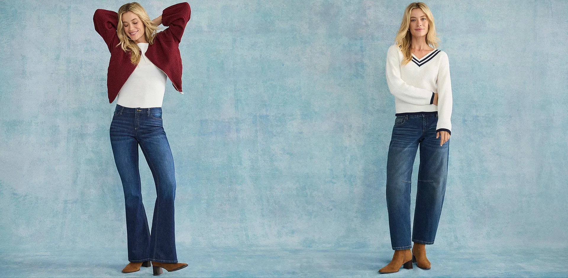 Jean d&eacute;contract&eacute; associ&eacute; &agrave; un pull et un gilet blancs.