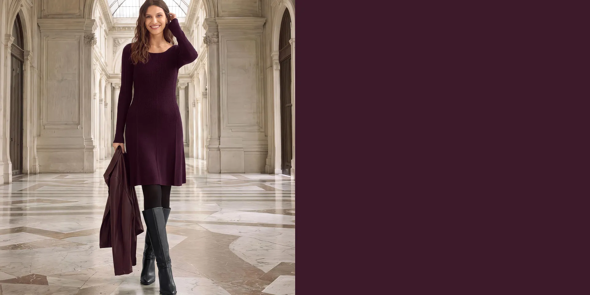 Modischer Rollkragenpullover mit Kn&ouml;pfen, weite Jeans und elegante Tasche.
