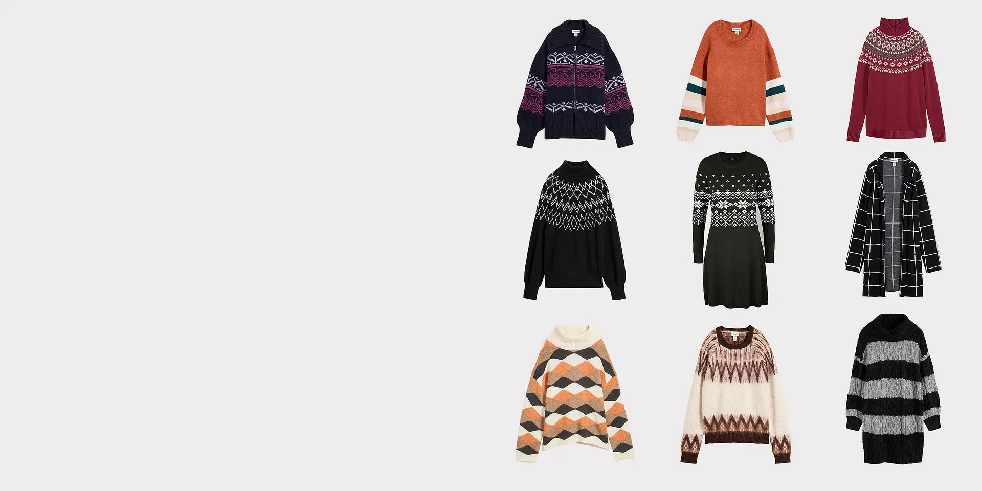 Gemusterte Strickpullover, Jacken und ein Strickkleid in warmen Herbstfarben.