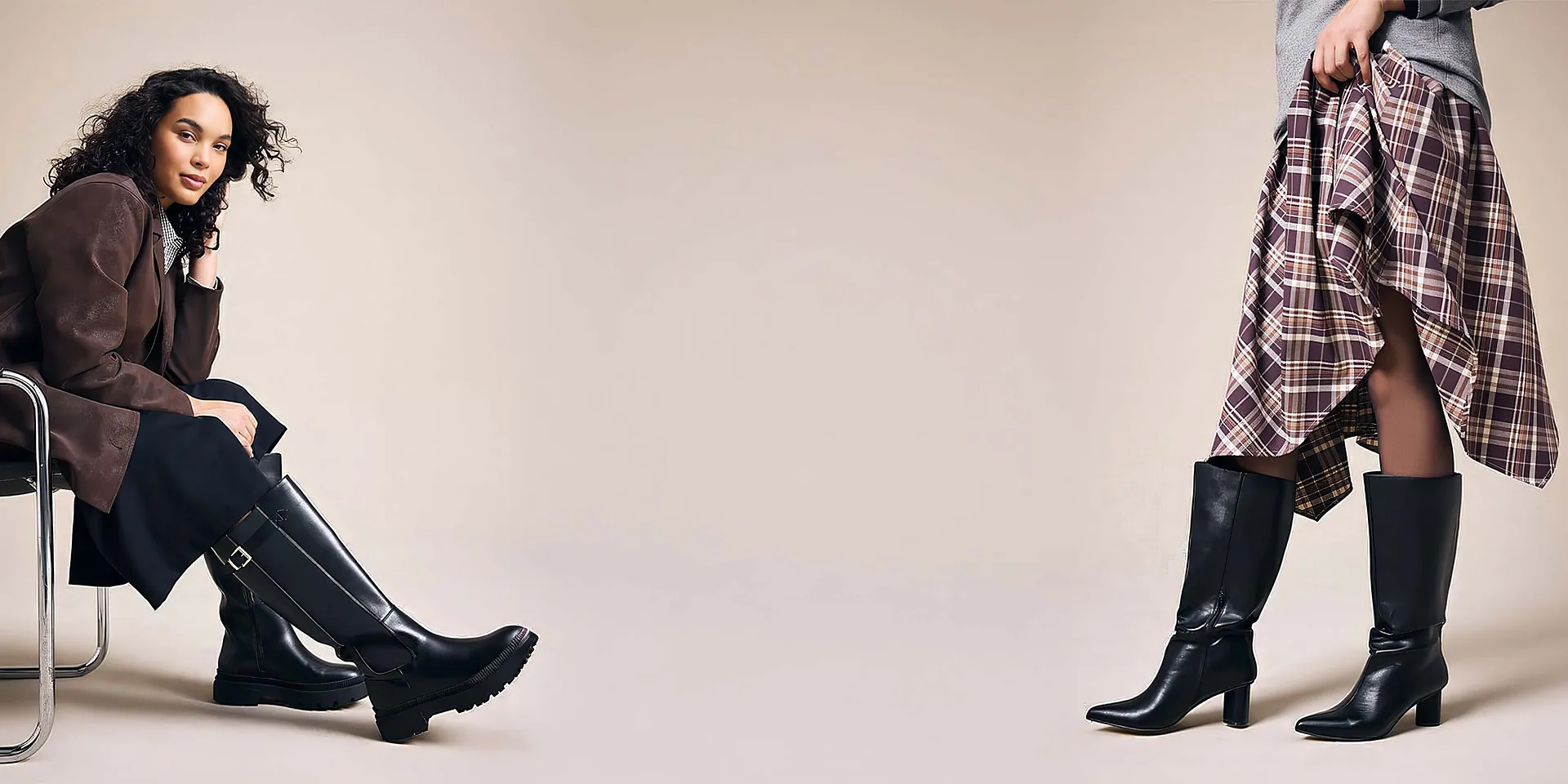 Brauner Blazer, schwarzer Rock und kniehohe schwarze Stiefel.