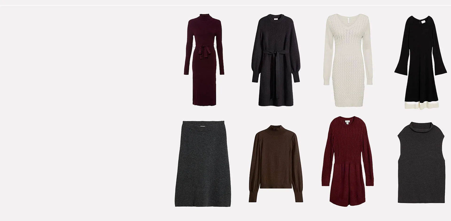 Vielf&auml;ltige Strickmode: Kleider, R&ouml;cke und Pullover in warmen, dunklen Farben.