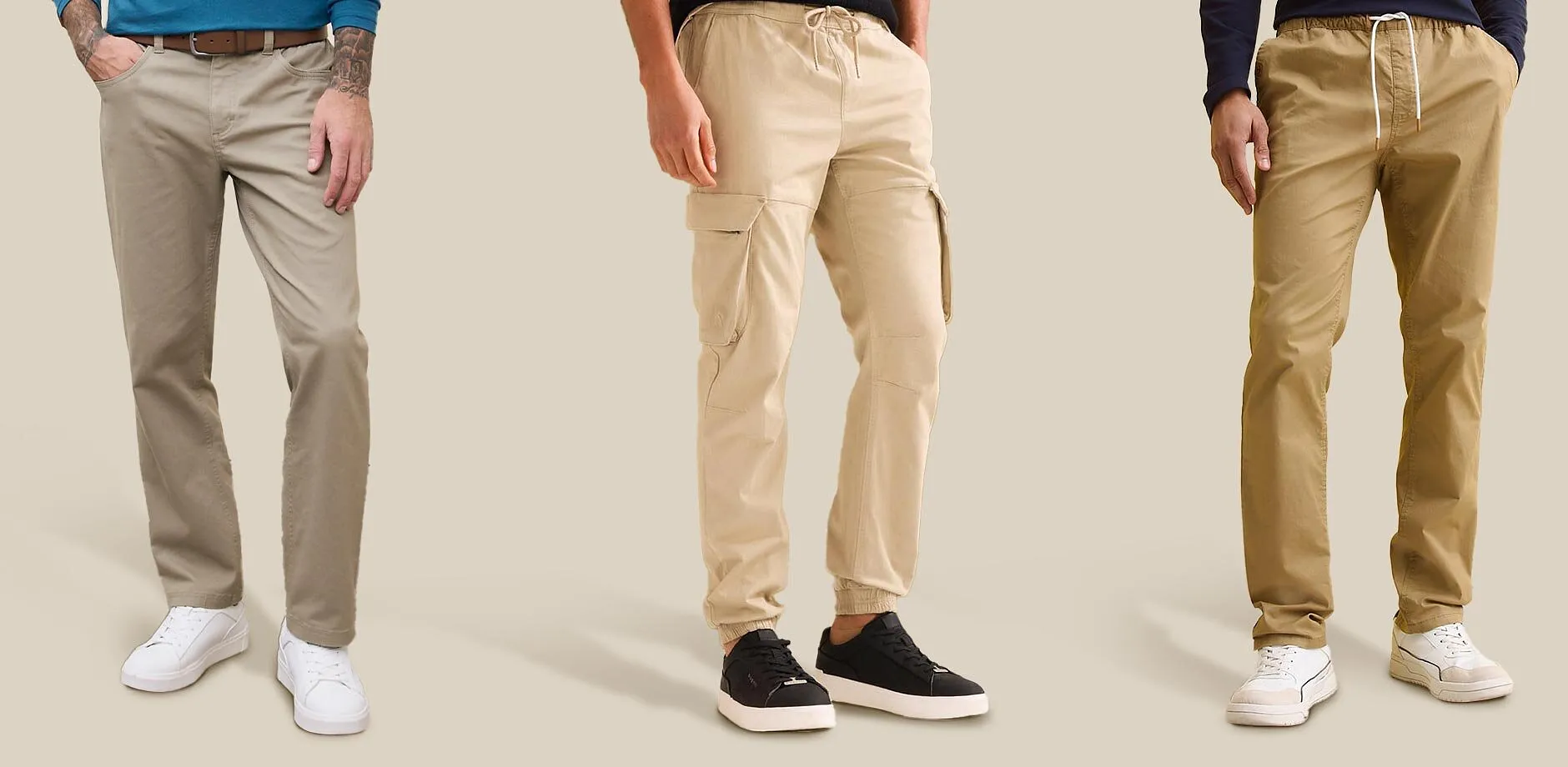 Beige Hosen in verschiedenen Passformen.
