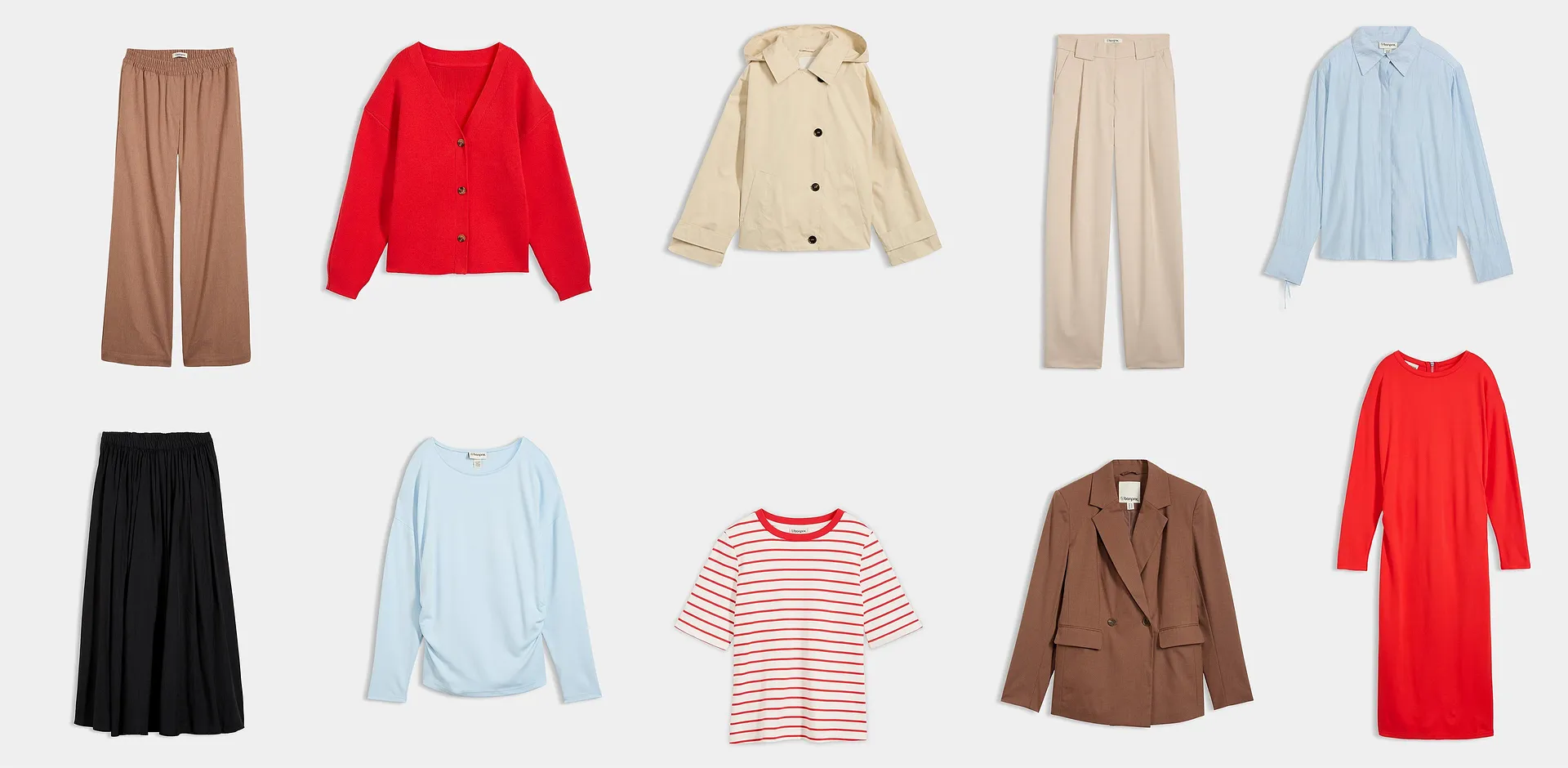 Vielseitige Garderobe mit leuchtend roten Akzenten, hellen Pastellt&ouml;nen und eleganten Erdfarben f&uuml;r jeden Anlass.