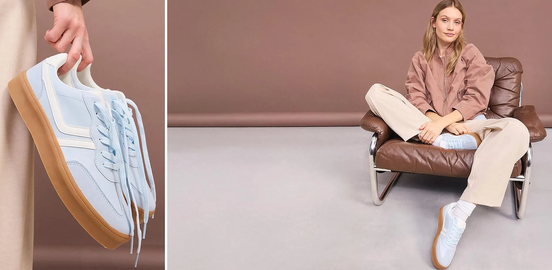 Veste marron associ&eacute;e &agrave; un pantalon beige et des sneakers bleu clair.