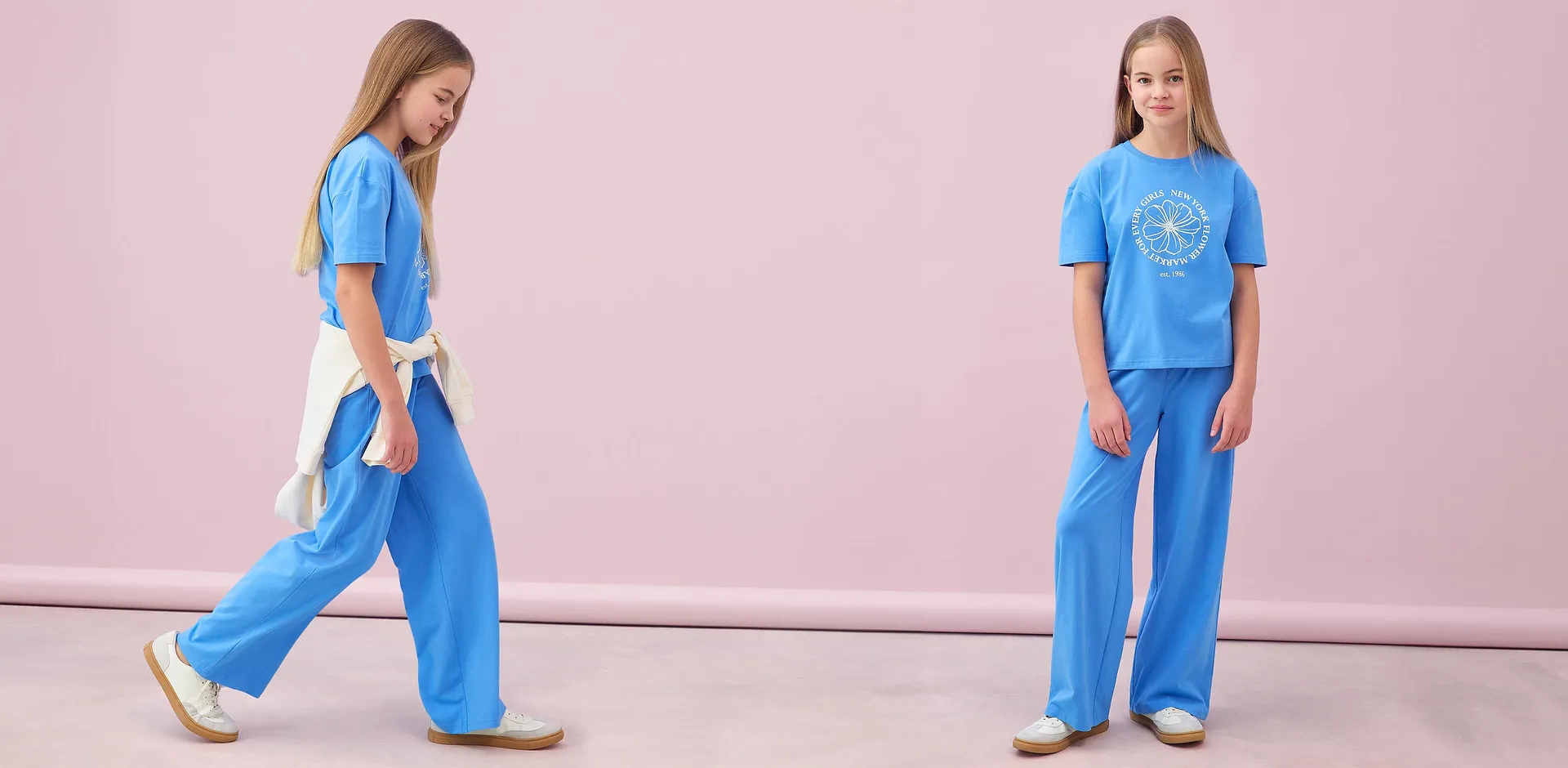 Kinder - T-Shirt und Jerseyhose (2-tlg.Set) aus elastischem Baumwoll-Mix - mittelblau