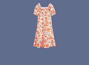 Femme - Robe midi 100% coton - mangue/crème imprimé