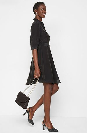 Damen - Kleid mit Seidenanteil und Bindeband - schwarz