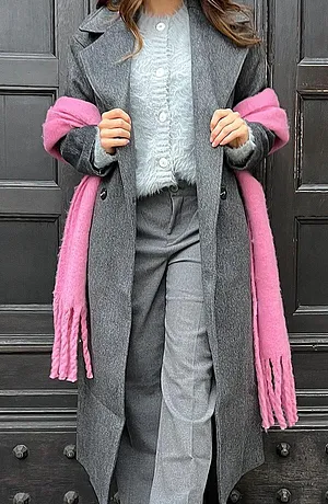 Damen - Doppelreihiger Oversize-Mantel in Wolloptik - anthrazit meliert