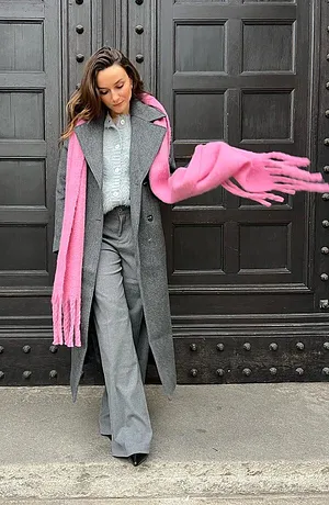 Damen - Doppelreihiger Oversize-Mantel in Wolloptik - anthrazit meliert