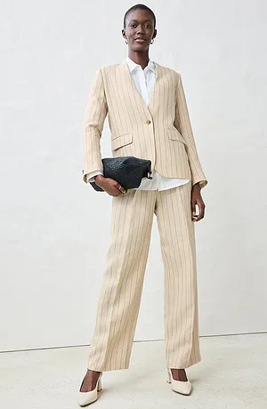 Femme - Blazer sans col 100% lin - sable clair rayé