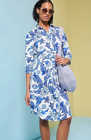 Femme - Robe-chemise en coton mélangé - blanc/bleu glacier floral