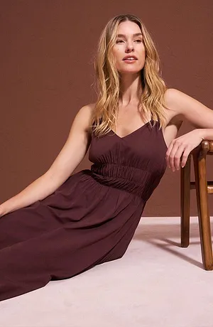 Femme - Robe midi 100% coton à fines bretelles - marron