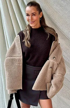 Damen - Teddyfell-Jacke - hellkhaki