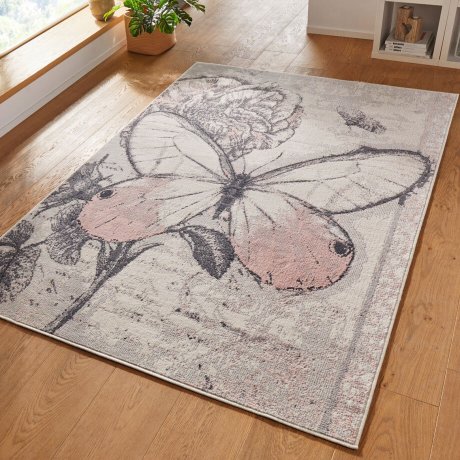 Wohnen - Teppich mit großem Schmetterling - grau/rosé