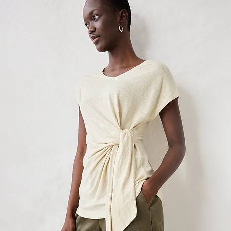 Femme - T-shirt cache-cœur, 100% lin - sable clair