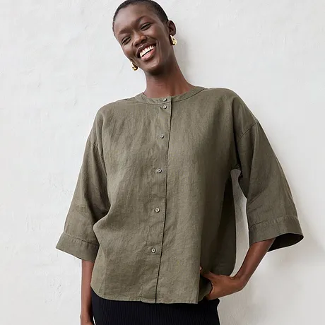 Femme - Chemisier oversize 100% lin - olive foncé