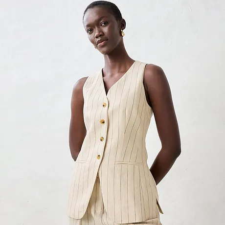 Tendance - Gilet long sans manches 100% lin - sable clair rayé