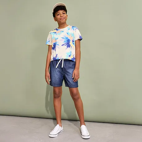 Enfant - T-shirt en coton - beige naturel/bleu saphir/bleu glacier/bleu alpin/turquoise/menthe clair/vert crayeux/jaune clair/melba/nectarine/mauve clair imprimé