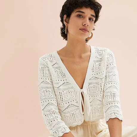 Luftige weiße Strickjacke mit Lochmuster und Knopfverschluss, perfekt für sommerliche Tage.