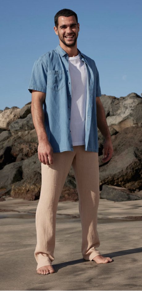 Homme - Pantalon à taille extensible en mousseline Loose Fit, Straight - beige