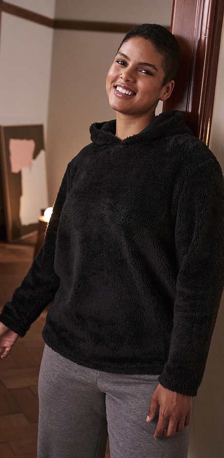 Damen - Kuschel-Fleece Longpullover, Oversized - schwarz
