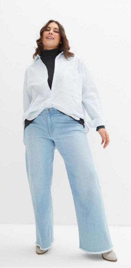 Femme - Jean large taille haute, stretch - denim bleu glacier used