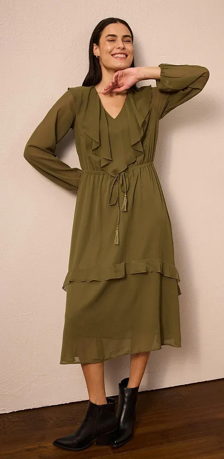 Robe vert olive coupe portefeuille à manches longues, volants et lien à nouer.