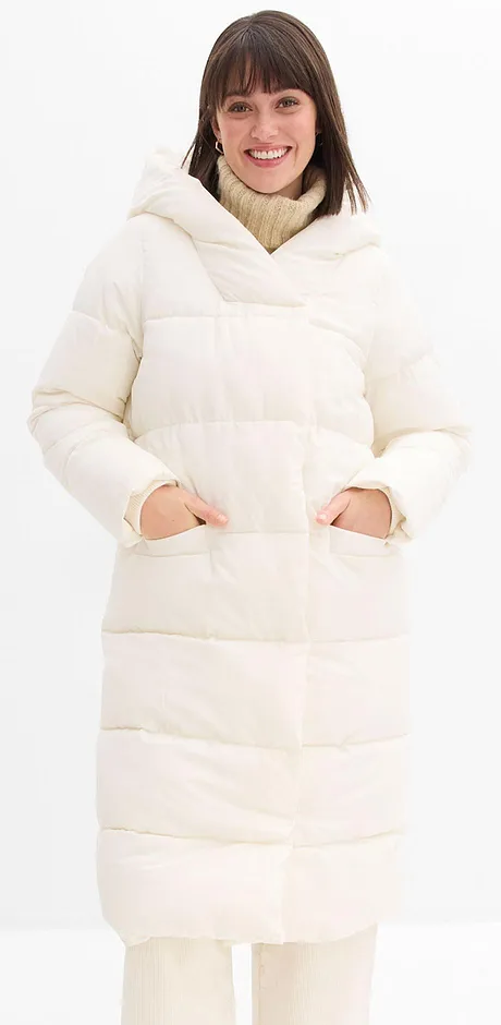 Manteau matelassé blanc à capuche avec poches.