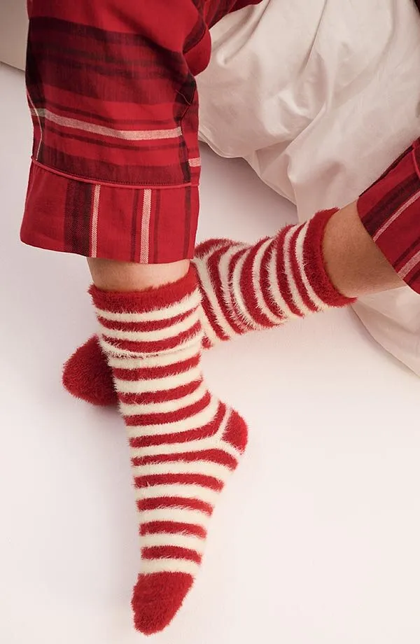 Femme - Lot de 2 paires de chaussettes douillettes - rouge fonc&eacute;/blanc ray&eacute;  + rouge fonc&eacute;