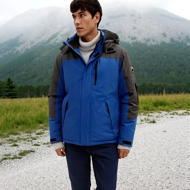 Herren - wasserdichte Funktionsjacke mit Kuschel-Fleece-Futter - azurblau/schiefergrau bedruckt