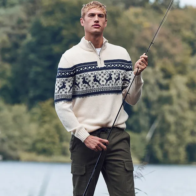 Herren - Norweger-Pullover mit Troyerkragen - natur gemustert