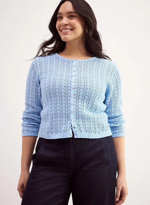 Femme - Gilet en maille ajour&eacute;e 100% coton - bleu clair