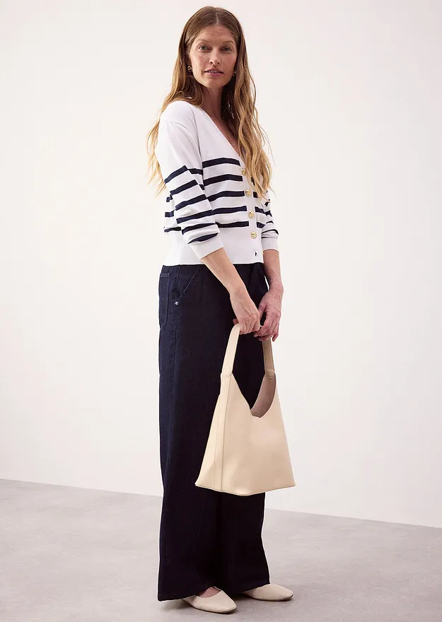 Tendance - Gilet en maille douce - blanc/bleu fonc&eacute; ray&eacute;